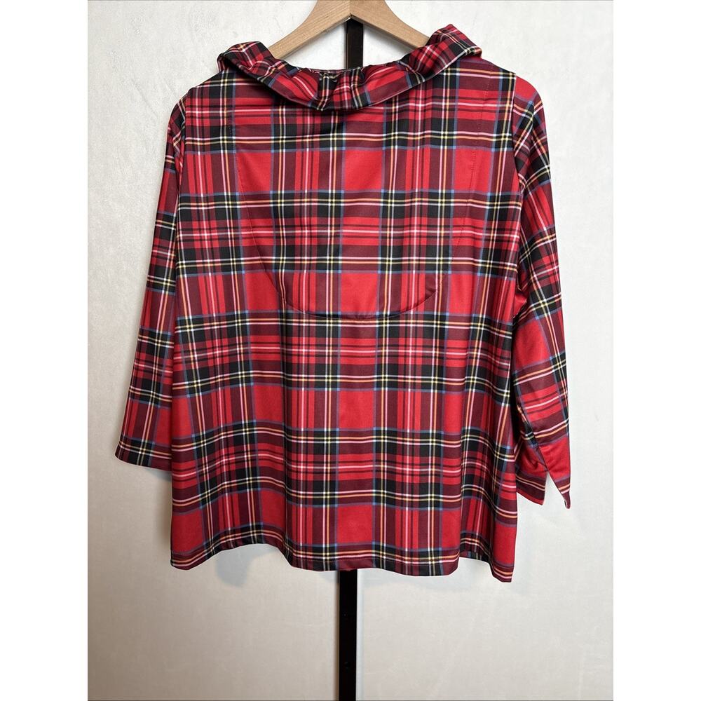 Gretchen Scott Ruffneck Top Womens XL Red Plaid 3/4 Sleeve Contrast Cuff Festive - Picture 6 of 11